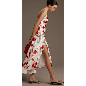 New Reformation Bekki Linen Floral Midi Dress White Red 8